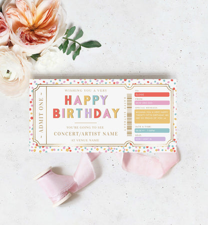 Happy Birthday Concert Gift Voucher Template, Printable Birthday Gift Certificate, Unisex Birthday Printable Birthday Gift Coupon, Music Festival Ticket Gift, Music Tour Ticket Gift Voucher