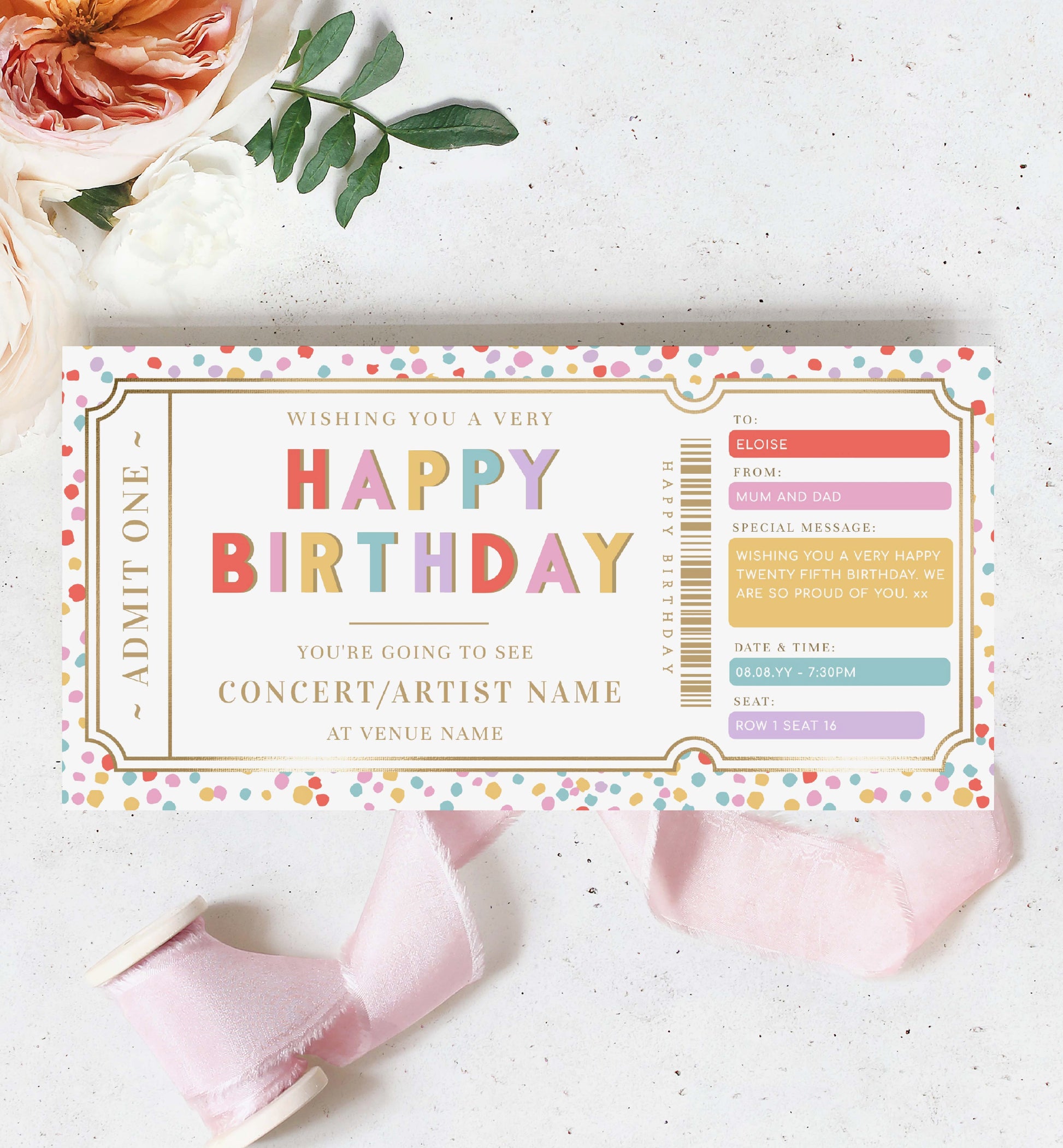 Happy Birthday Concert Gift Voucher Template, Printable Birthday Gift Certificate, Unisex Birthday Printable Birthday Gift Coupon, Music Festival Ticket GIft, Music Tour Ticket Gift Voucher