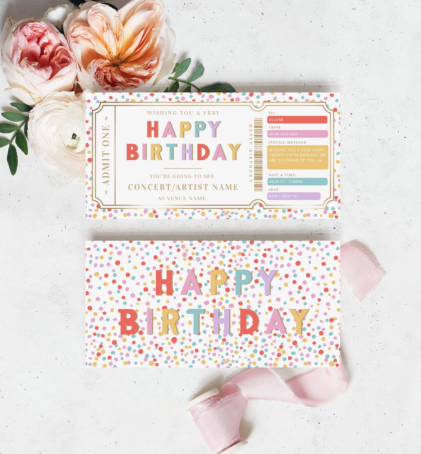 Happy Birthday Concert Gift Voucher Template, Printable Birthday Gift Certificate, Unisex Birthday Printable Birthday Gift Coupon, Music Festival Ticket Gift, Music Tour Ticket Gift Voucher