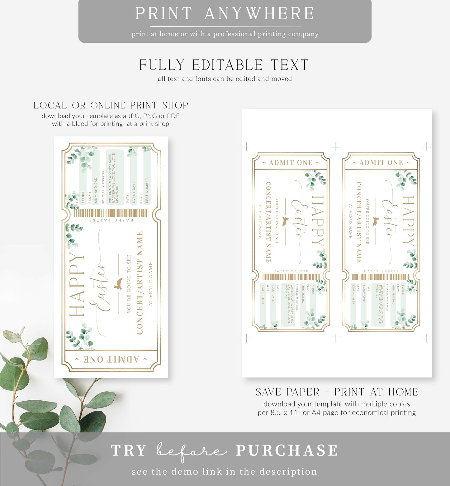 Ferras Green | Printable Easter Concert Gift Voucher Template