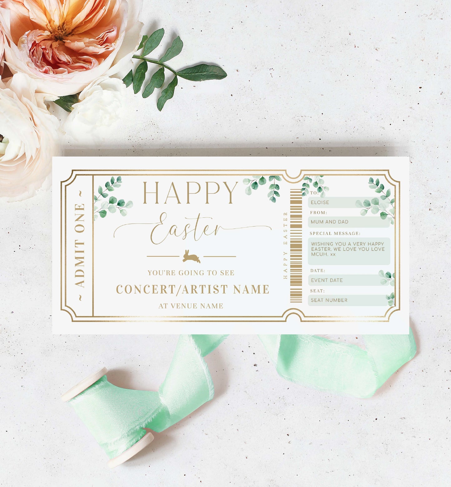 Easter Concert Ticket Gift Voucher Template, Alternative Easter Gift, Non-Chocolate Easter Gift, Fully Custom Printable Gift Certificate, Music Show Ticket Easter Present, Ferras Green