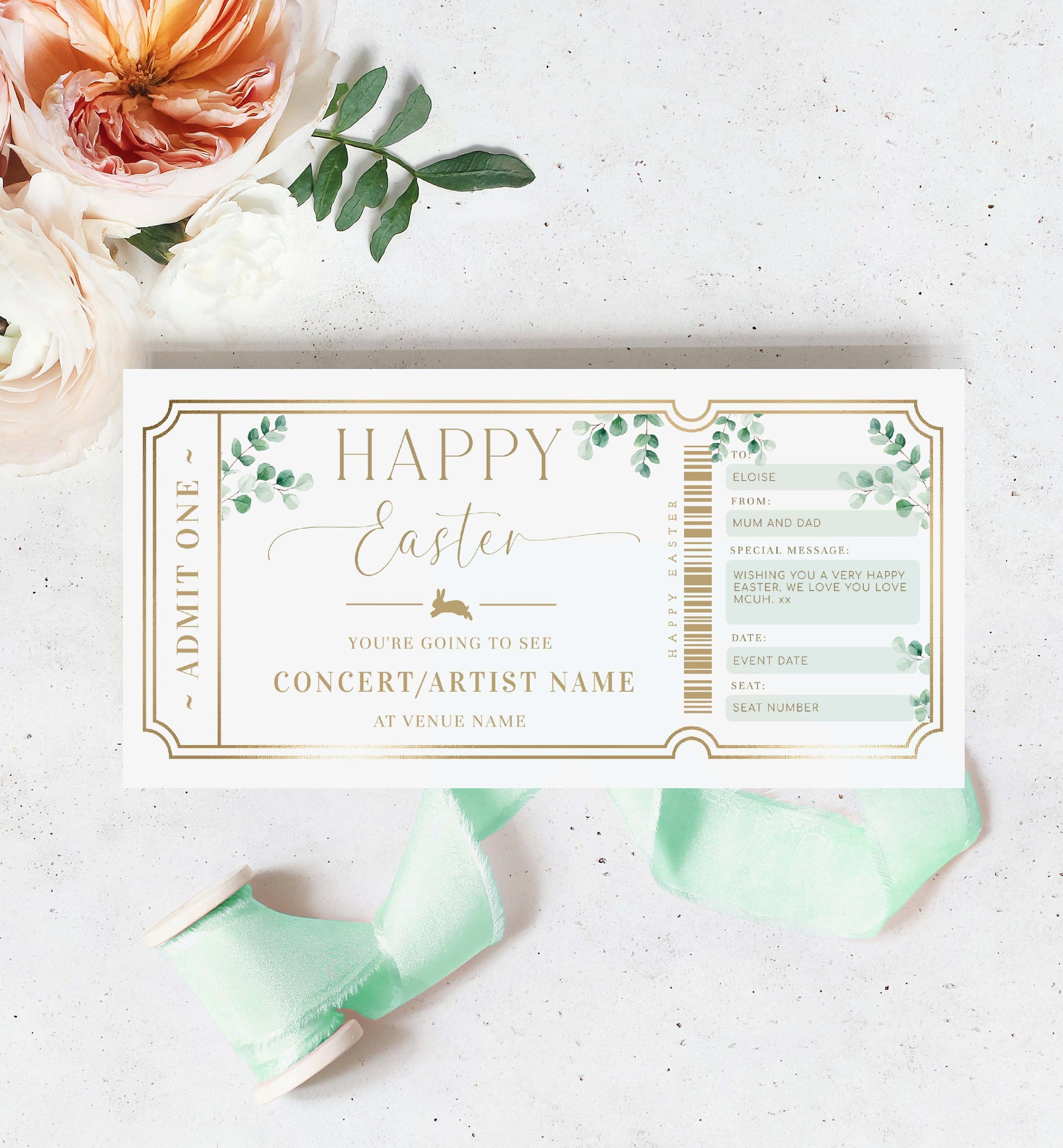 Easter Concert Ticket Gift Voucher Template, Alternative Easter Gift, Non-Chocolate Easter Gift, Fully Custom Printable Gift Certificate, Music Show Ticket Easter Present, Ferras Green