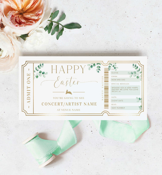 Easter Concert Ticket Gift Voucher Template, Alternative Easter Gift, Non-Chocolate Easter Gift, Fully Custom Printable Gift Certificate, Music Show Ticket Easter Present, Ferras Green