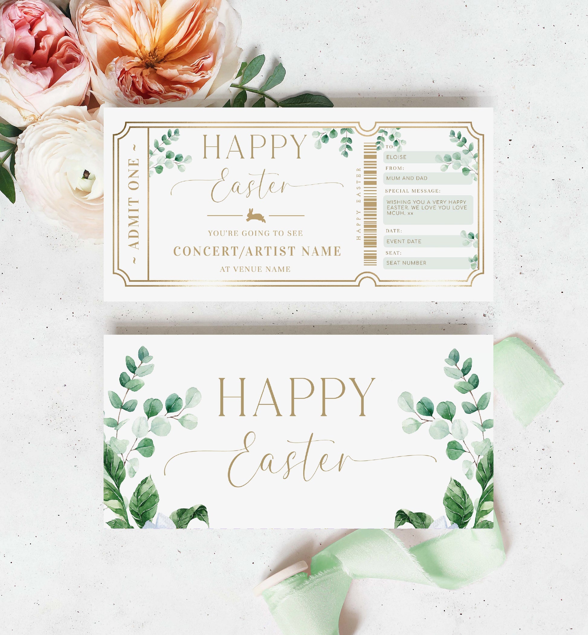 Easter Concert Ticket Gift Voucher Template, Alternative Easter Gift, Non-Chocolate Easter Gift, Fully Custom Printable Gift Certificate, Music Show Ticket Easter Present, Ferras Green