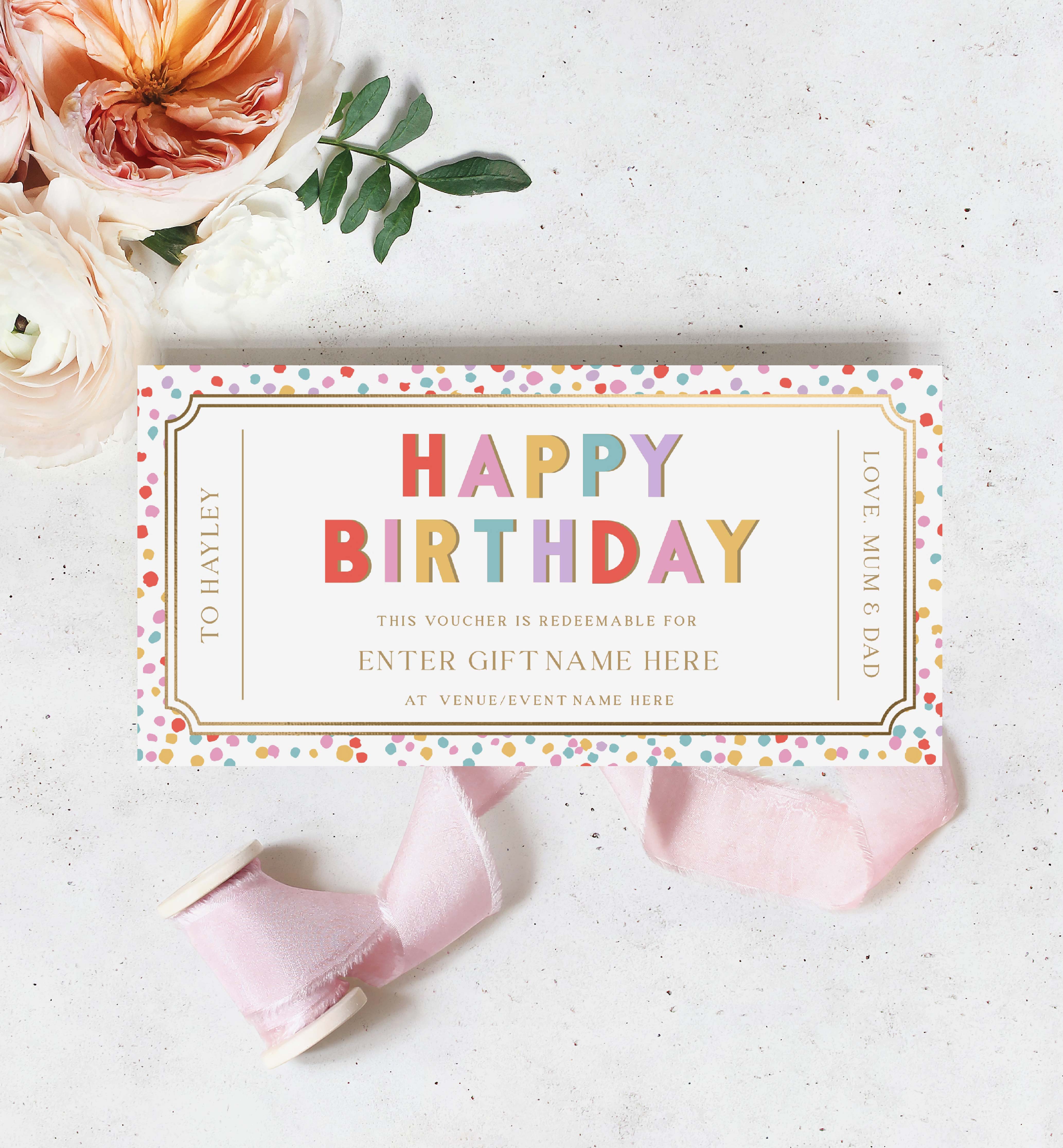 Dot Multi | Printable Birthday Gift Voucher Template – Black Bow Studio Dot Multi | Printable Birthday Gift Voucher Template – Black Bow Studio