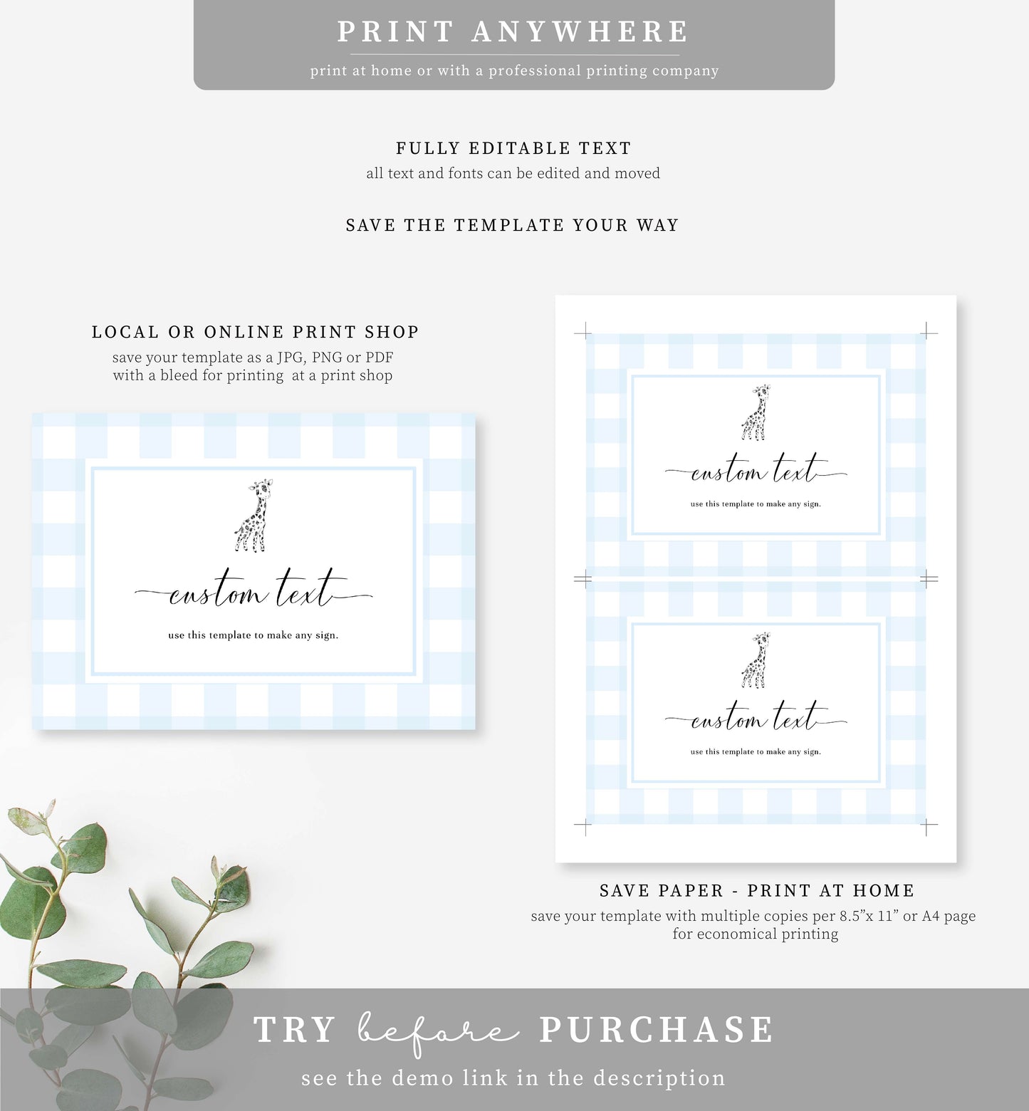 Gingham Blue Giraffe | Printable Custom Text Sign Template