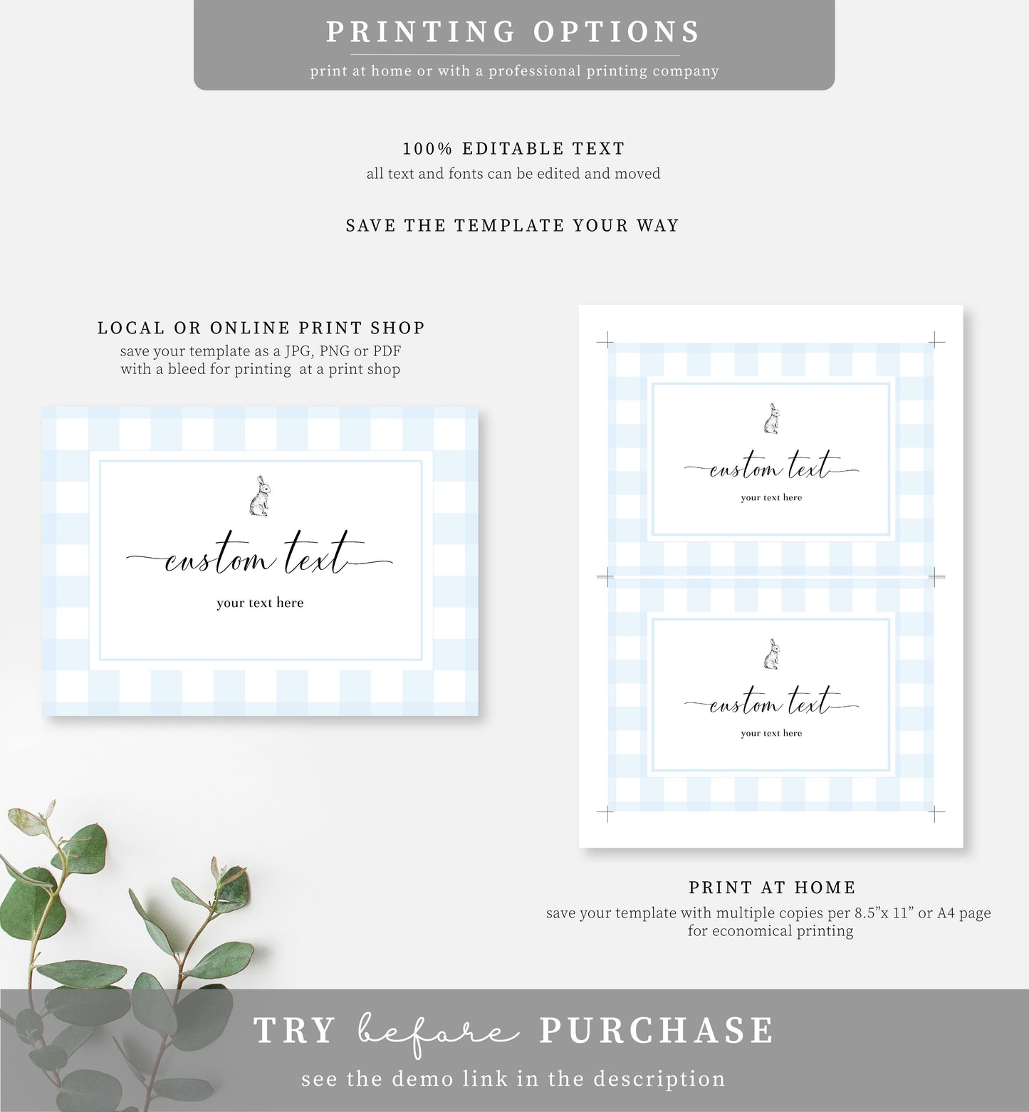 Gingham Blue | Printable Custom Text Sign