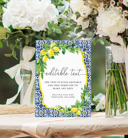Positano Blue Tile Lemon Custom Text Sign - Positano Blue Tile - Printable Wedding Sign - Personalised Wording Sign - Baby Shower Sign
