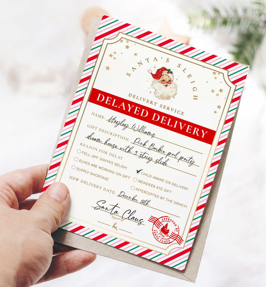 Printable Delayed Delivery Notice, Lost Christmas Present Note, Running Late Christmas Gift Label, Delayed gift notice, late delivery notice, Late Delivery Letter From Santa, Stripe
