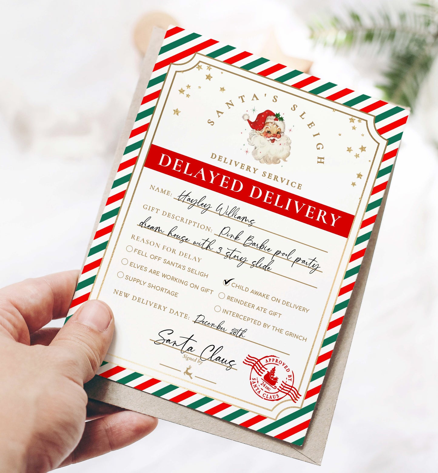 Printable Late Gift Delivery Notice, Late Christmas Present Letter From Santa, Delayed North Pole Mail Label, Delayed Delivery Label, Stripe