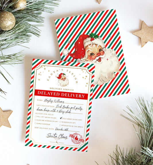Printable Late Gift Delivery Notice, Late Christmas Present Letter From Santa, Delayed North Pole Mail Label, Delayed Delivery Label, Stripe