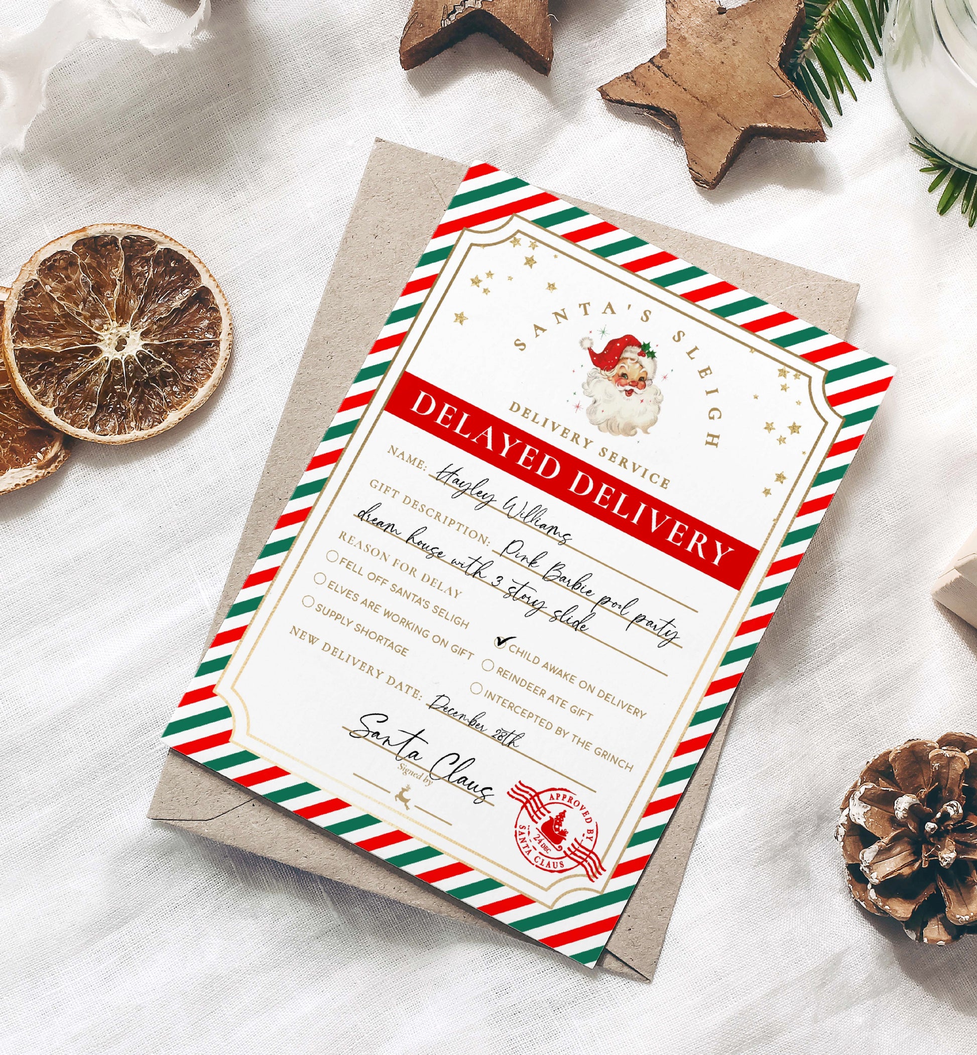 Printable Late Gift Delivery Notice, Late Christmas Present Letter From Santa, Delayed North Pole Mail Label, Delayed Delivery Label, Stripe