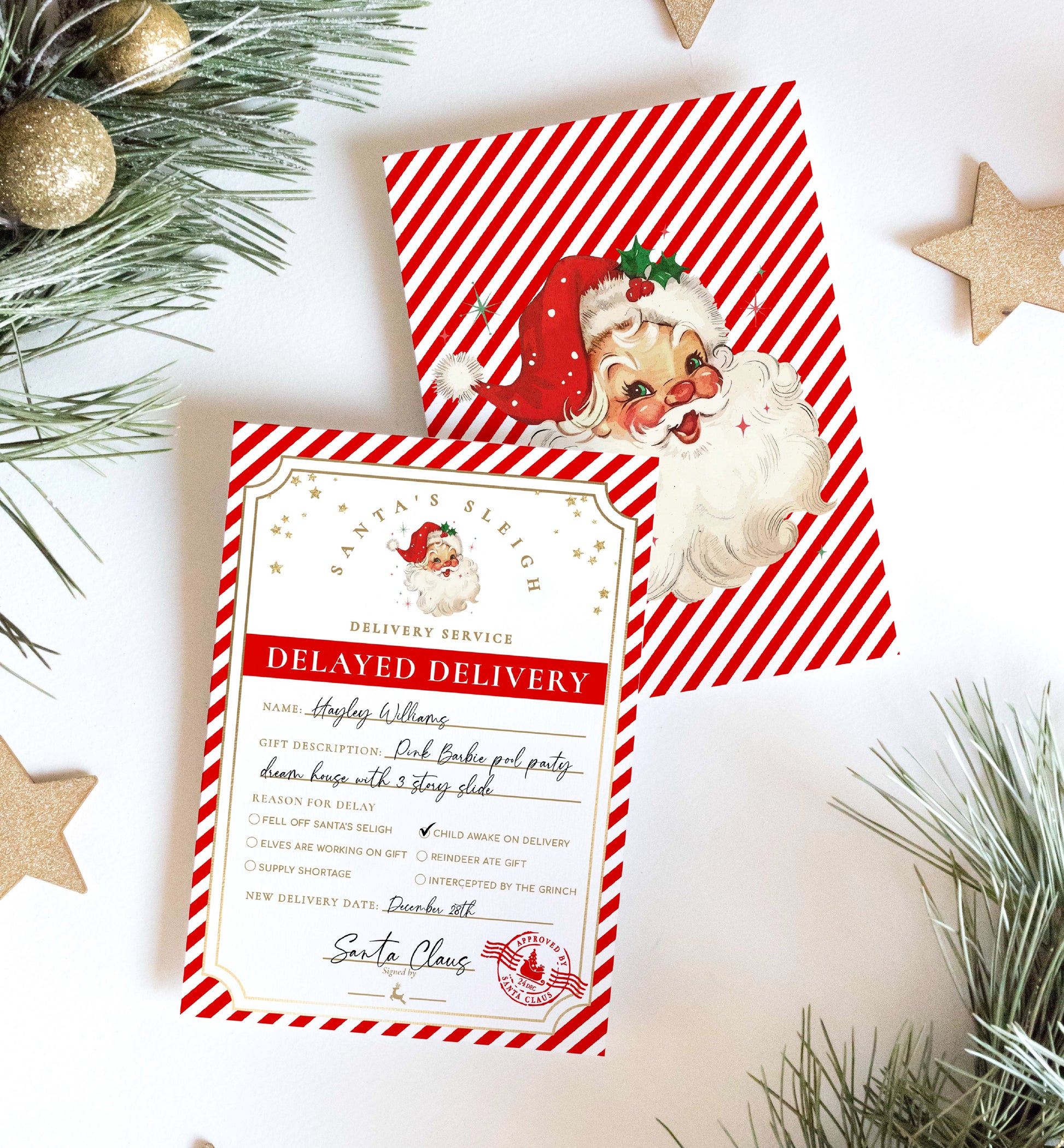 DelayedDeliveryLabel FestiveStripeRedRetroSanta 6 santa's workshop red | printable christmas delayed gift notice