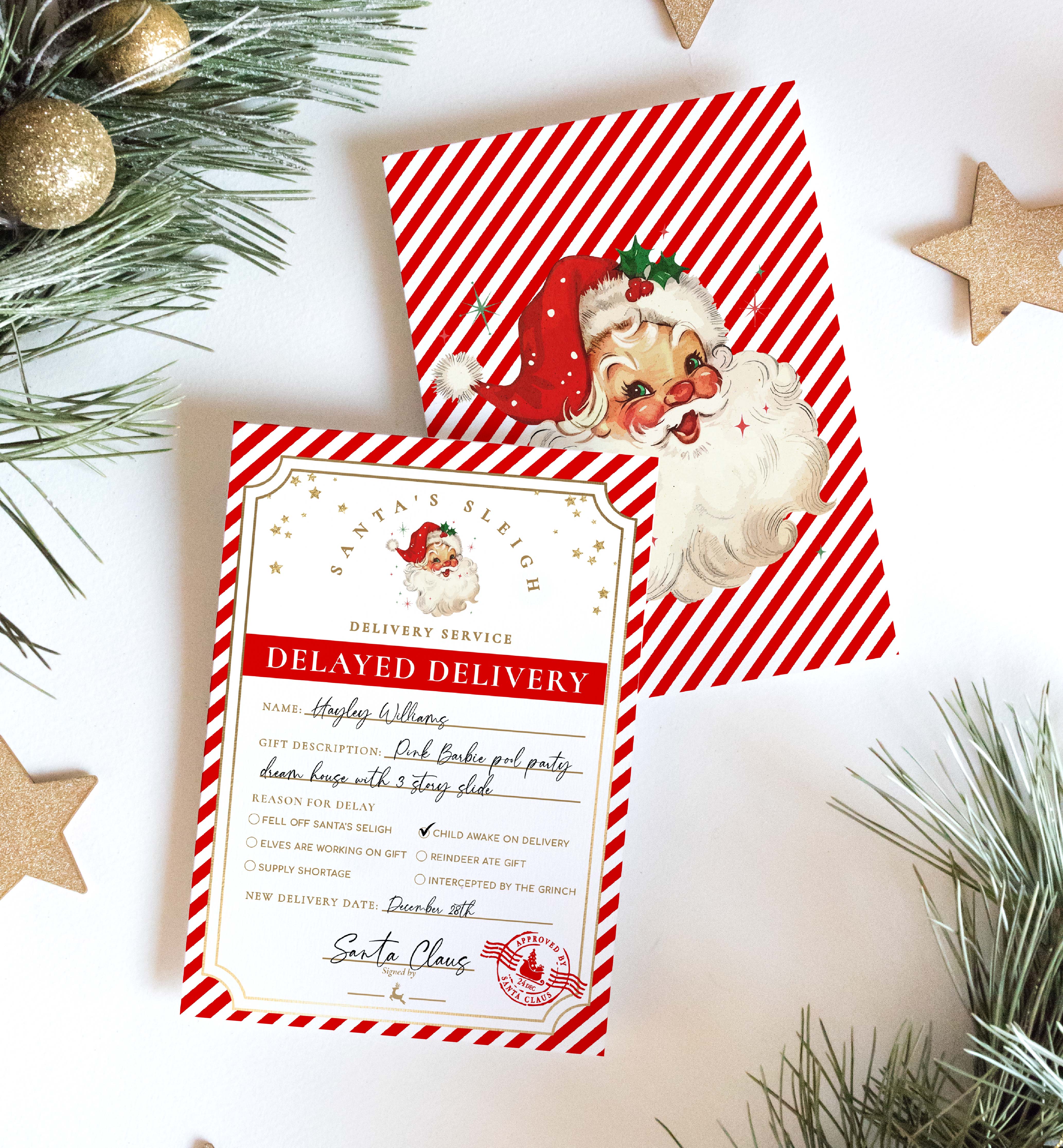santa's workshop red | printable christmas delayed gift notice