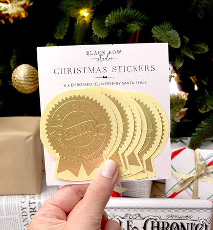 Delivered By Santa Gold Christmas Embossed Rosette Stickers | Set of 6