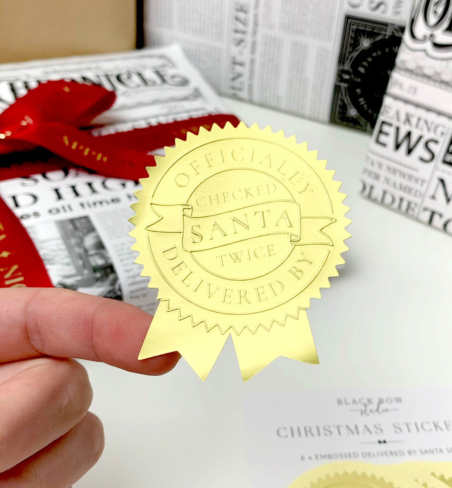 Delivered By Santa Gold Christmas Embossed Rosette Stickers | Set of 6