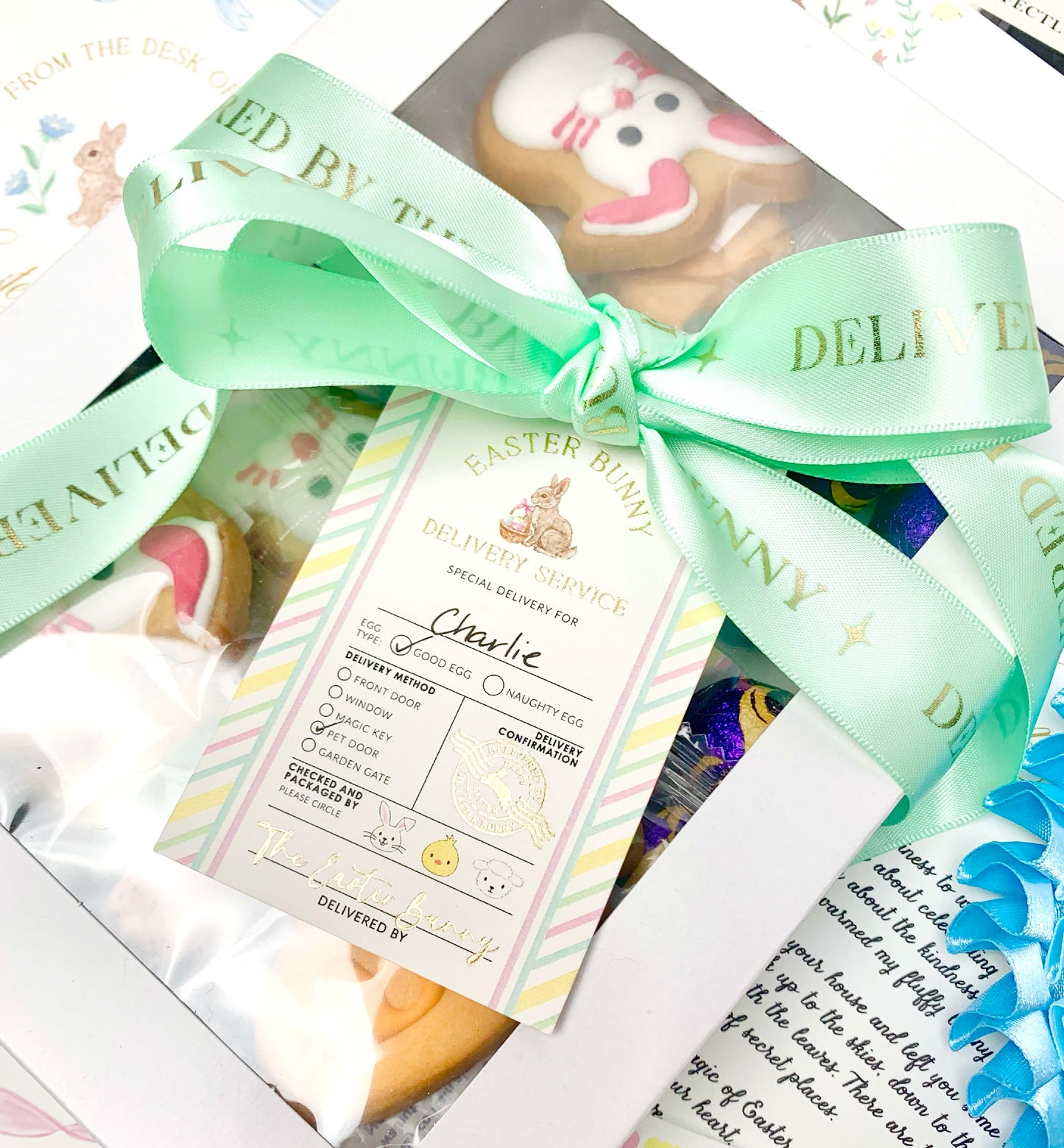 Delivered By The Easter Bunny Satin Ribbon, 25mm Wide Woven Edge Satin Ribbon, Easter Decorations Craft & Wrapping, Mint Green