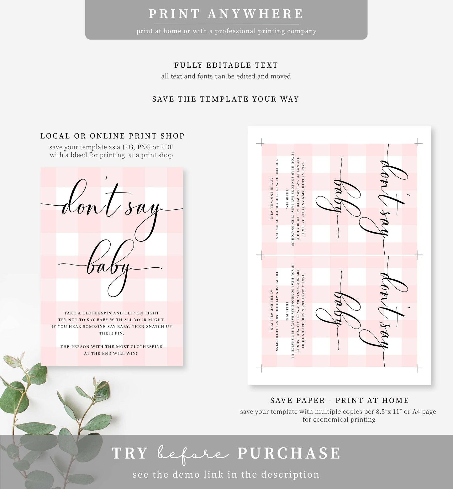 Gingham Pink | Printable Don't Say Baby Game Sign Template
