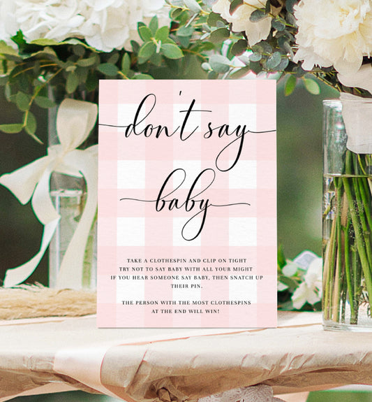 Gingham Pink | Printable Don't Say Baby Game Sign Template