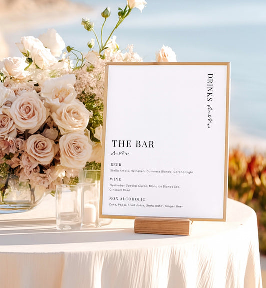 Drinks menu on a stand with flowers in the background. Printable Drinks Menu Sign, Minimalist Wedding Drinks Bar Menu Sign, Printable Beer and Wine Menu Sign, Wedding Bar Menu Sign, Estelle