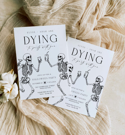 Two Halloween party invitations with skeletons on a beige fabric background. Printable Halloween Party Invitation, Halloween Custom Party Invitation, Dying To Party, Skeletons, Adults Halloween Party, Halloween Evite