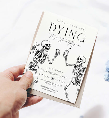 Hand holding a Halloween party invitation with skeletons on a white background. Printable Halloween Party Invitation, Halloween Custom Party Invitation, Dying To Party, Skeletons, Adults Halloween Party, Halloween Evite