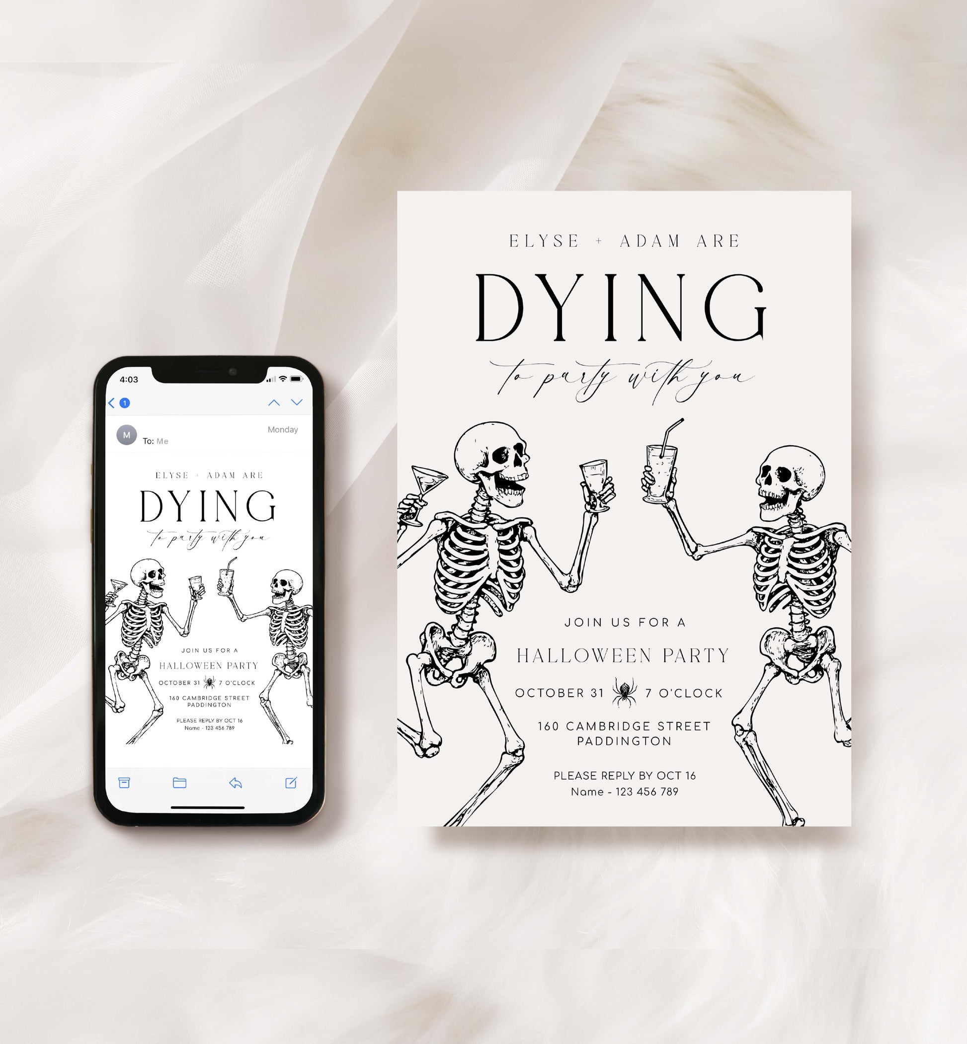 Halloween party invitation with skeletons and a phone displaying the invitation on a light background. Printable Halloween Party Invitation, Halloween Custom Party Invitation, Dying To Party, Skeletons, Adults Halloween Party, Halloween Evite
