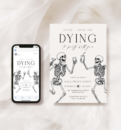 Halloween party invitation with skeletons and a phone displaying the invitation on a light background. Printable Halloween Party Invitation, Halloween Custom Party Invitation, Dying To Party, Skeletons, Adults Halloween Party, Halloween Evite