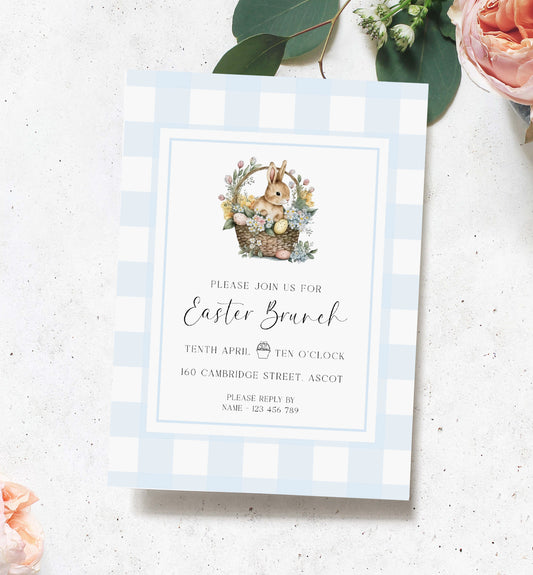 Blue Gingham Easter Brunch Invitation Template, Easter Lunch Invite, Family Easter Party Invitation, Easter Bunny Basket Invitation