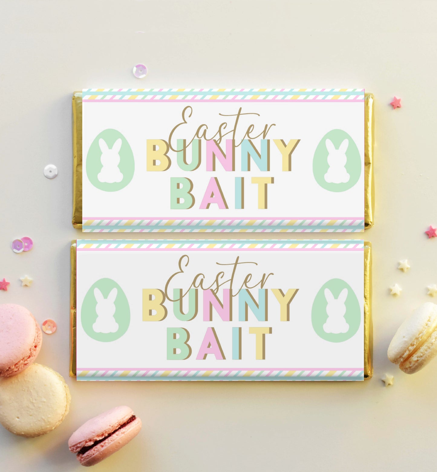 Printable Easter Bunny Bait Chocolate Wrapper Template, Editable Easter Egg Hunt Chocolate Wrapper, Multi Coloured Pastel Stripe