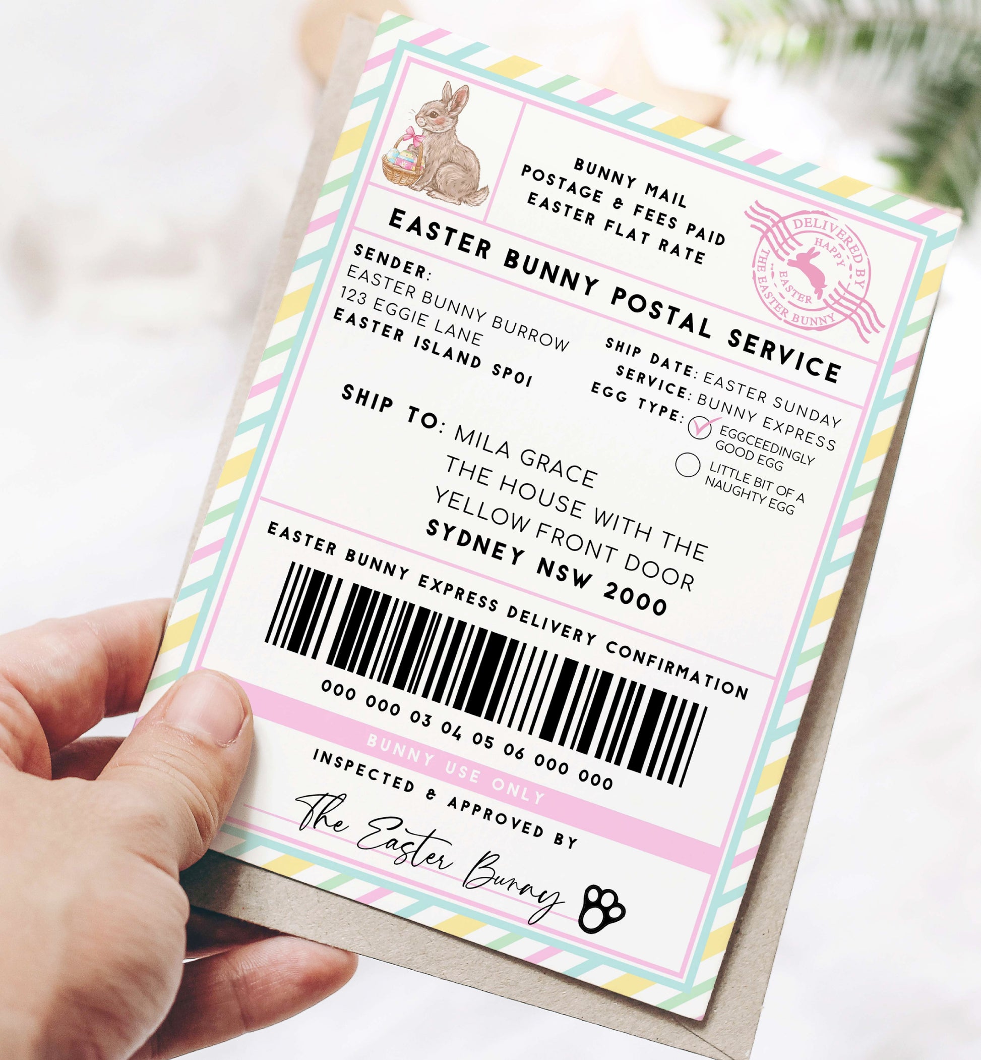 Printable Easter Bunny Shipping Label, Special Delivery Gift Tag, Easter Bunny Postal Label, Gift Tag, From The Easter Bunny Gift Tag