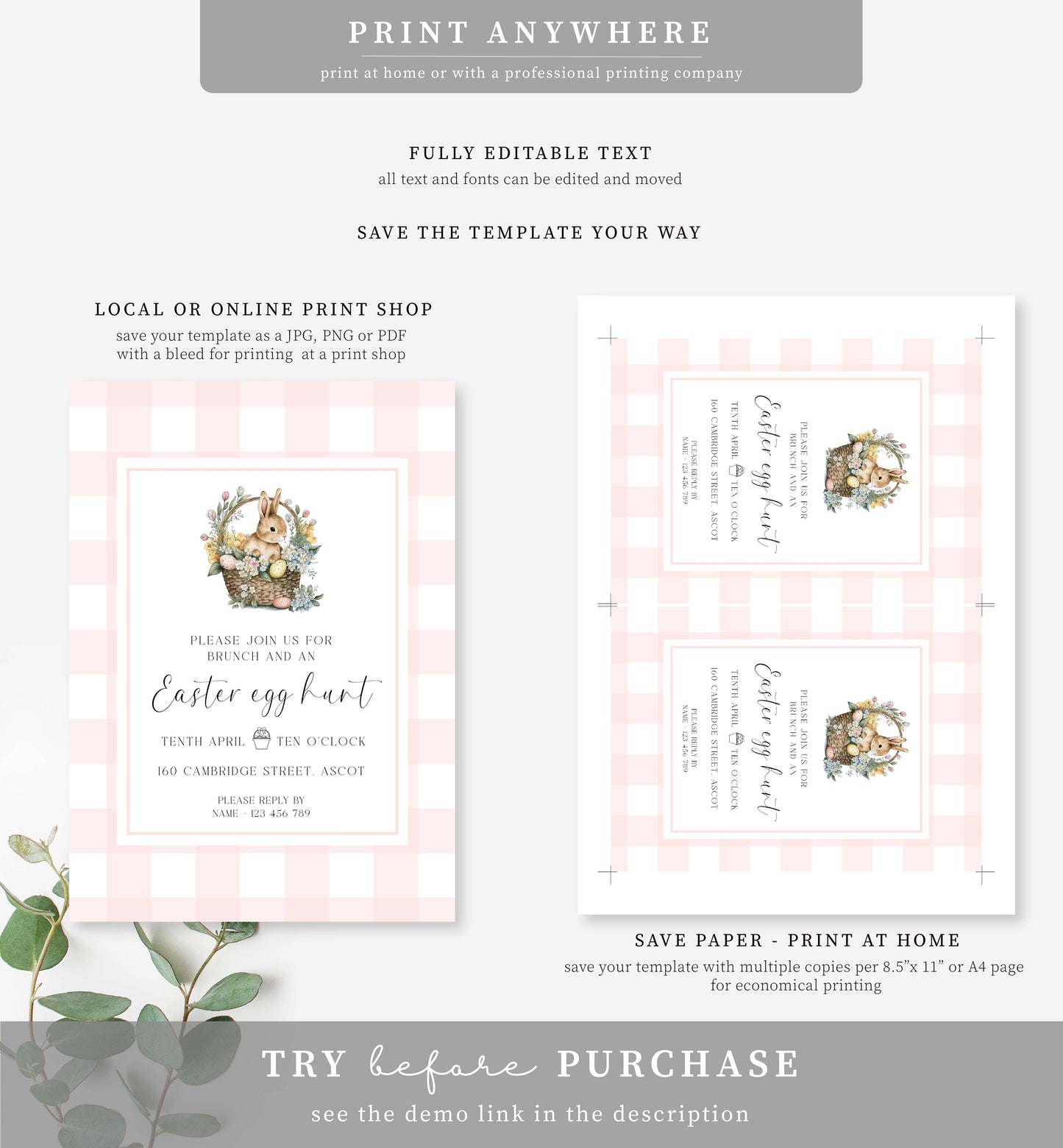 Gingham Pink | Printable Easter Egg Hunt Invitation Template