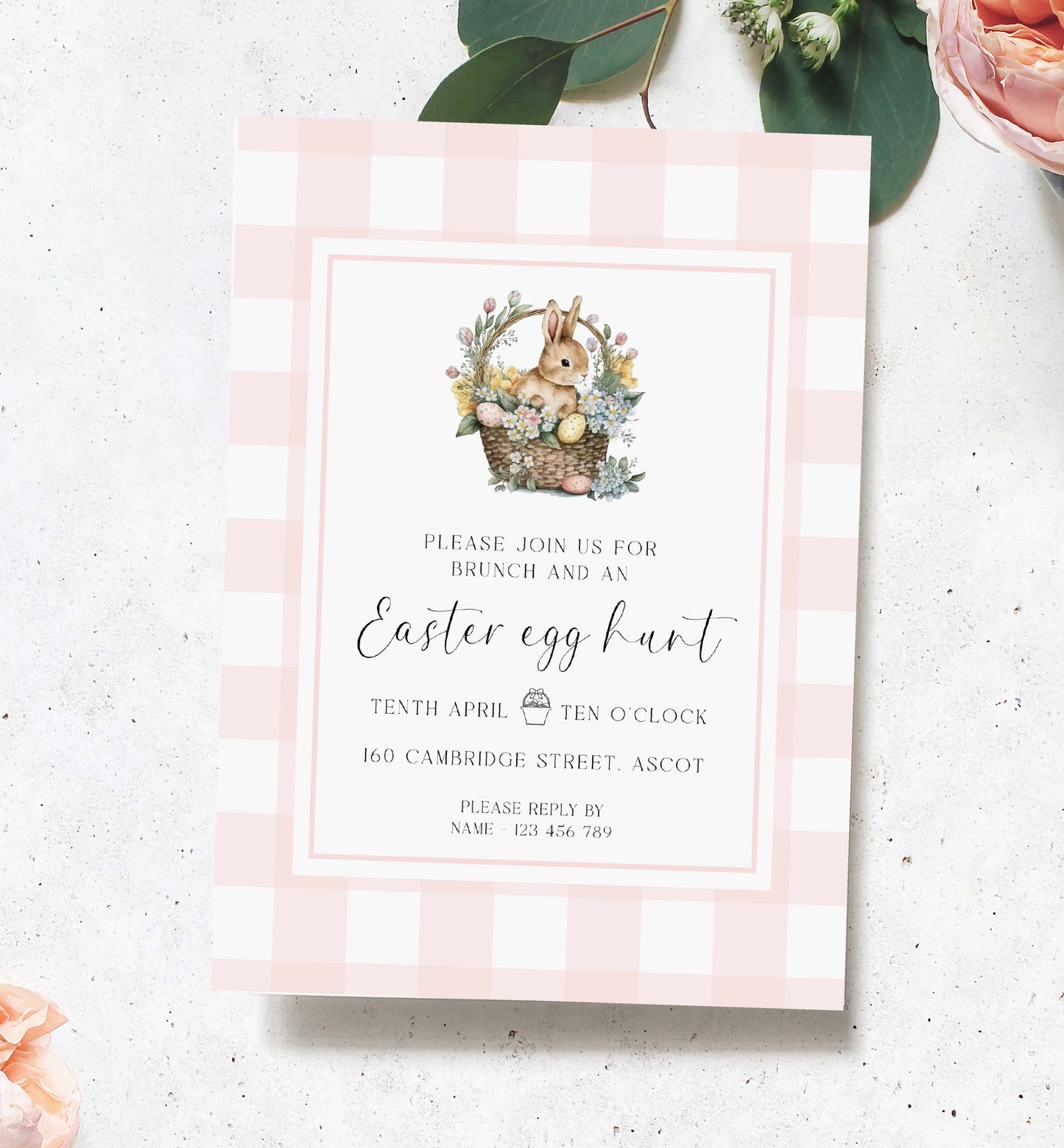 Pink Gingham Easter Invitation Template, Easter Egg Hunt Invitation, Easter Brunch Printable Invitation, Easter Bunny Basket Invitation