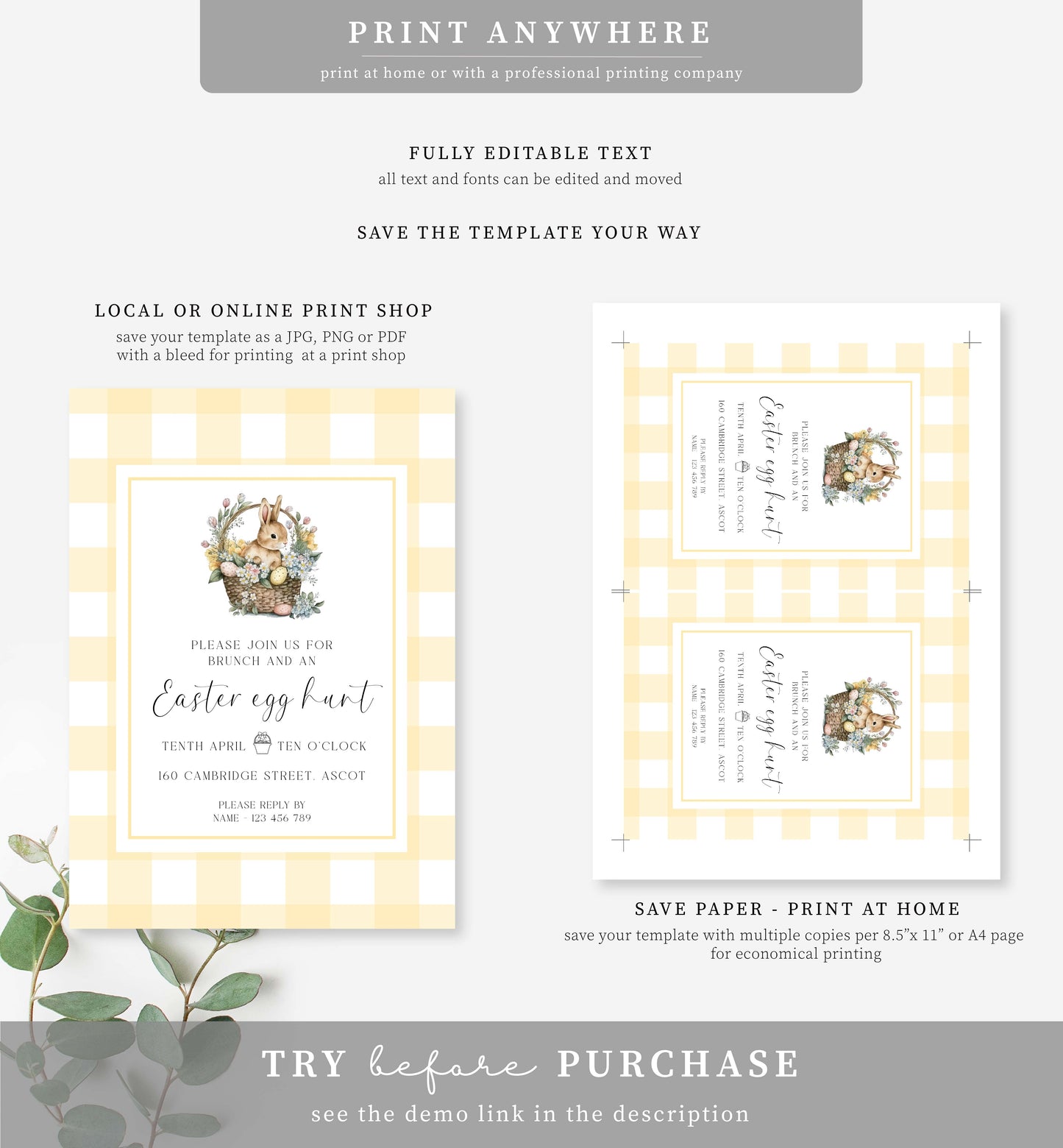 Gingham Yellow | Printable Easter Egg Hunt Invitation Template