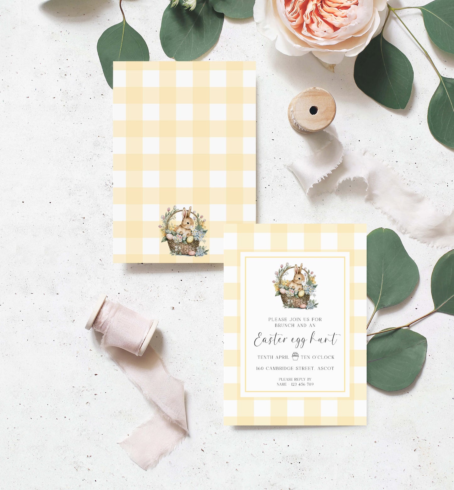 Yellow Gingham Easter Egg Hunt Invitation Template, Easter Lunch Invite, Easter Brunch Printable Invitation, Easter Bunny Basket Invitation