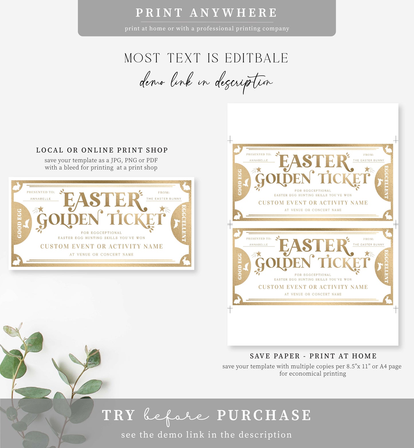 Golden Ticket | Printable Easter Custom Gift Voucher Template