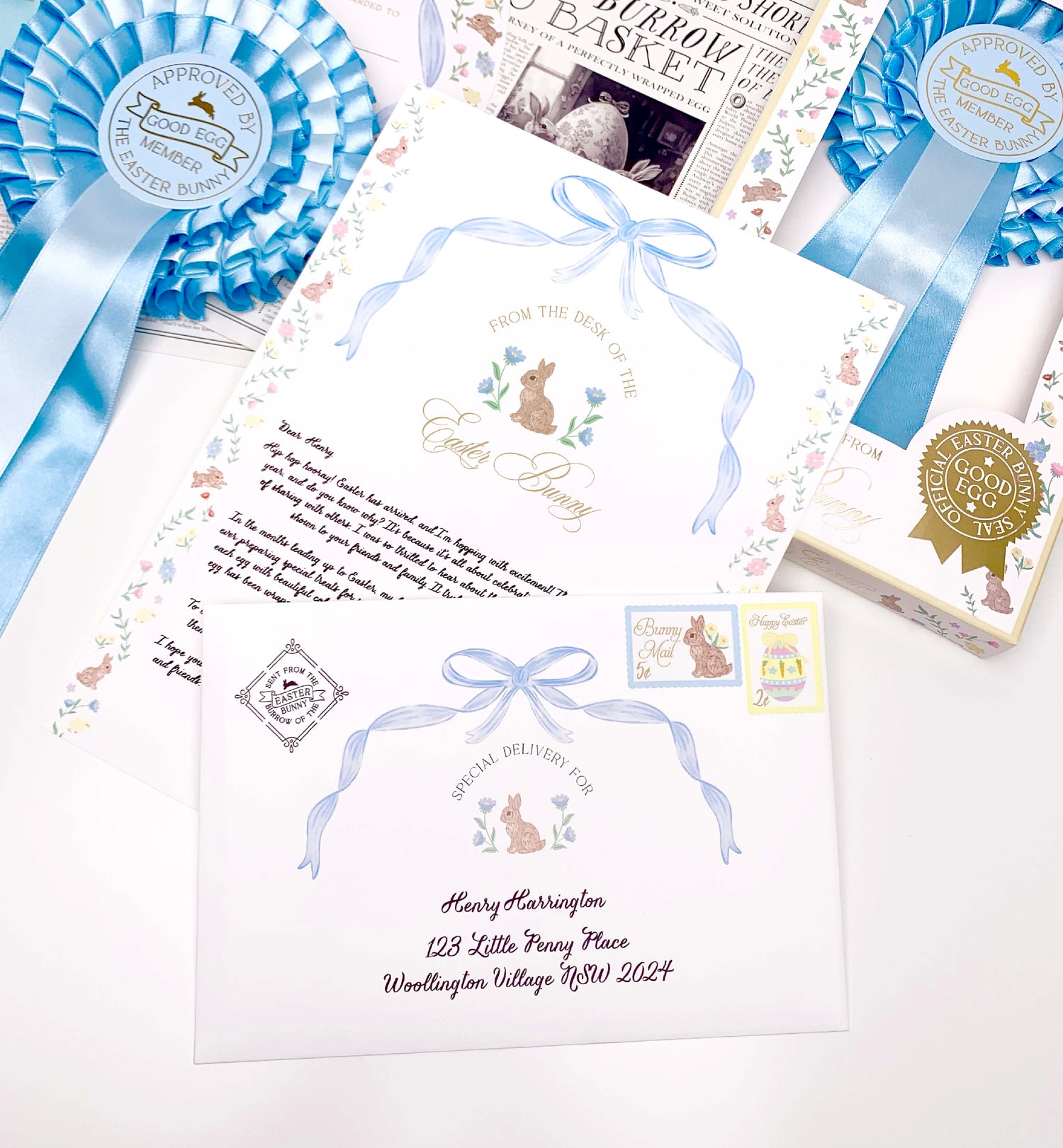 Personalised Letter From The Easter Bunny, Addressed Envelope and Bunny Mail Postage Stamps, Easter Basket Gift, Easter Present
