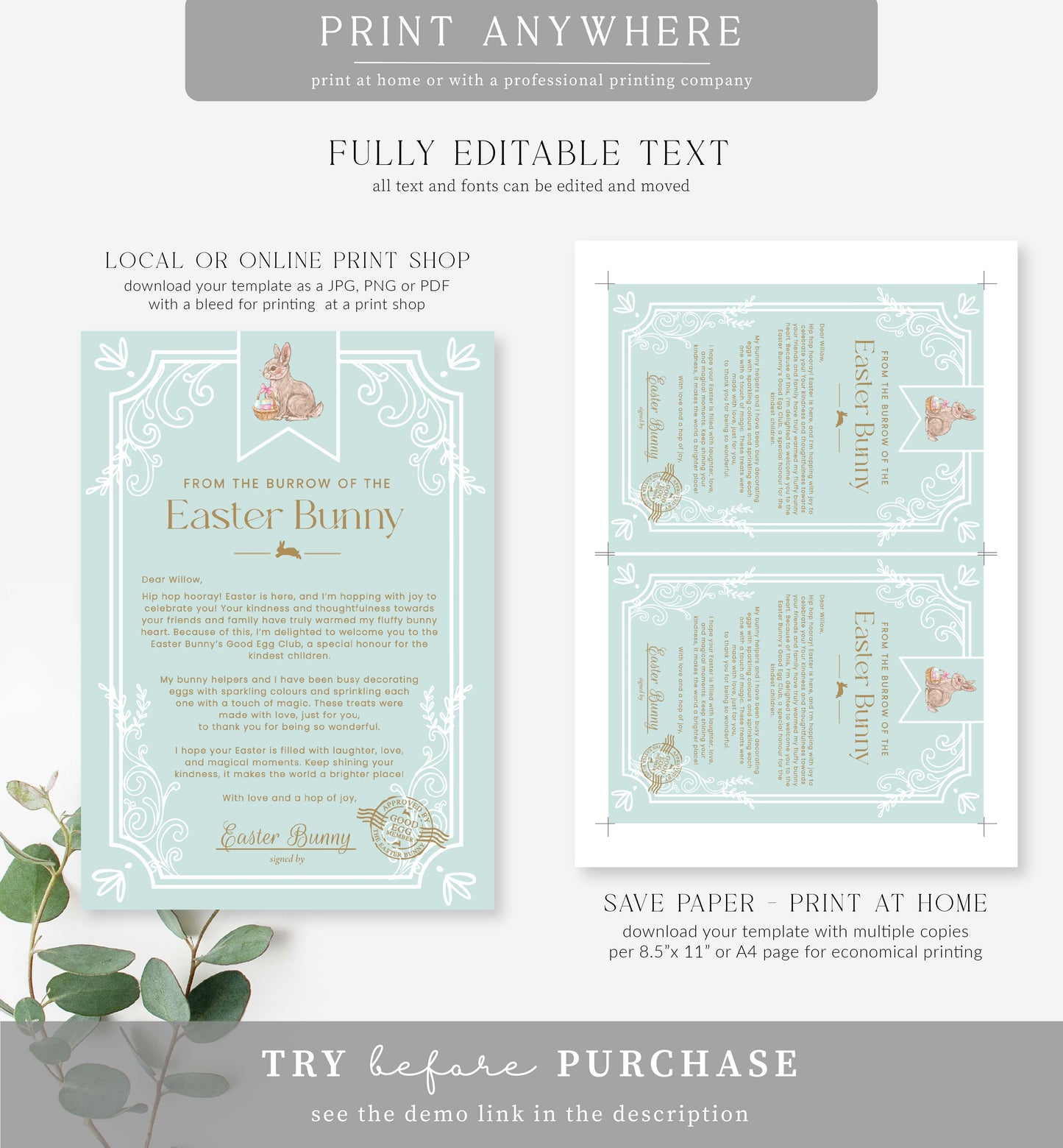 Easter Egg Blue | Printable Easter Bunny Letter and Certificate Template
