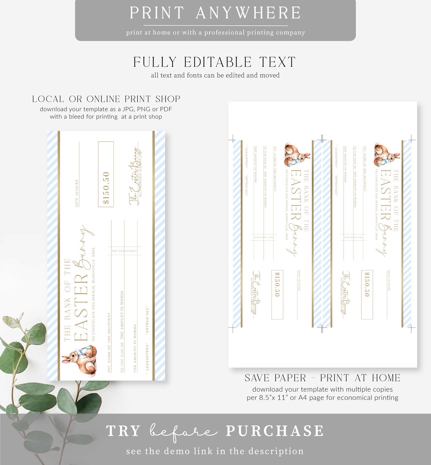 Stripe Blue | Printable Easter Cheque Gift Voucher Template