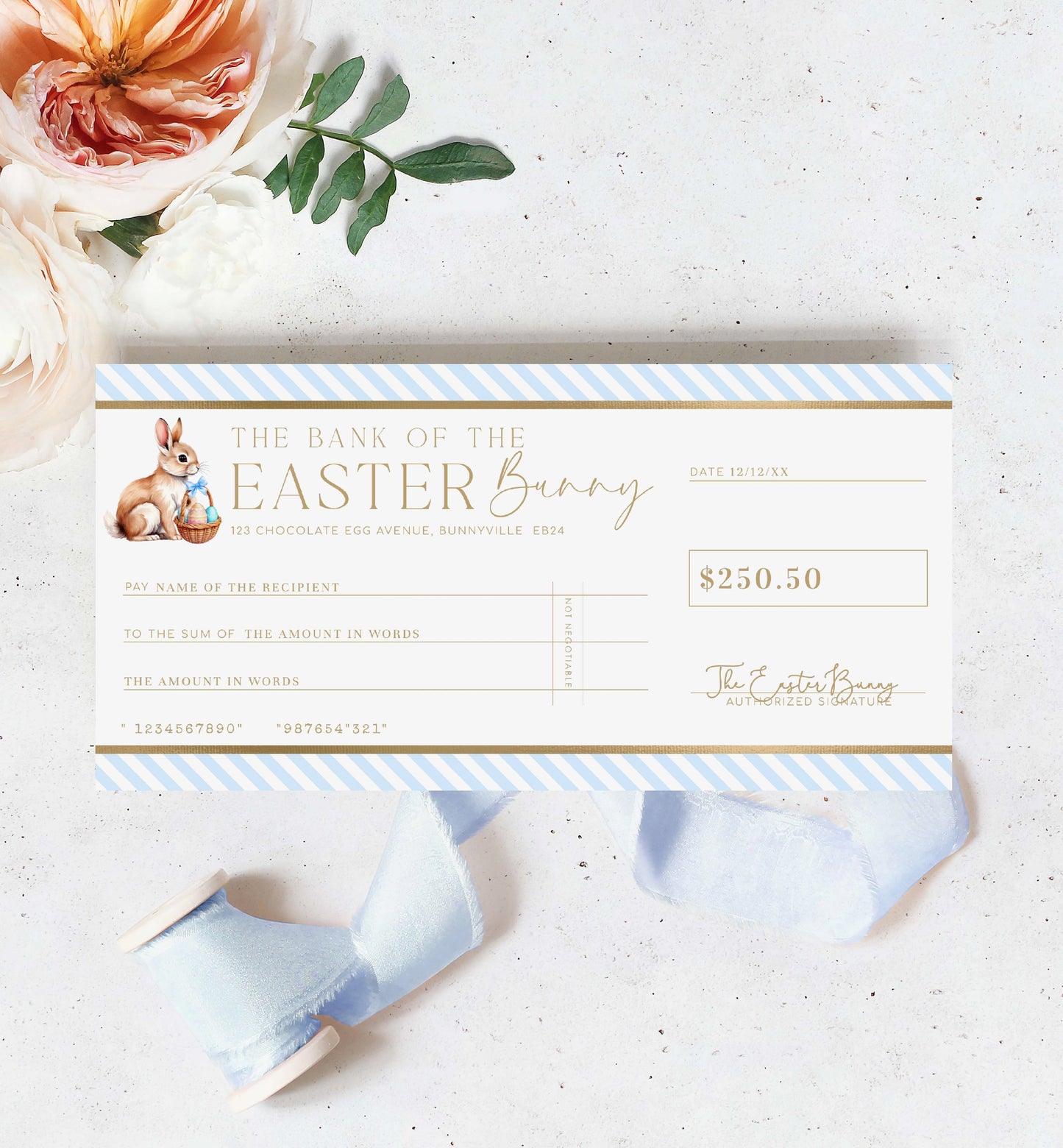 Easter Cheque Template, Fake Bank Cheque Gift Voucher, Custom Printable Gift Certificate Easter Present, Easter Bunny Gift Coupon, Stripe