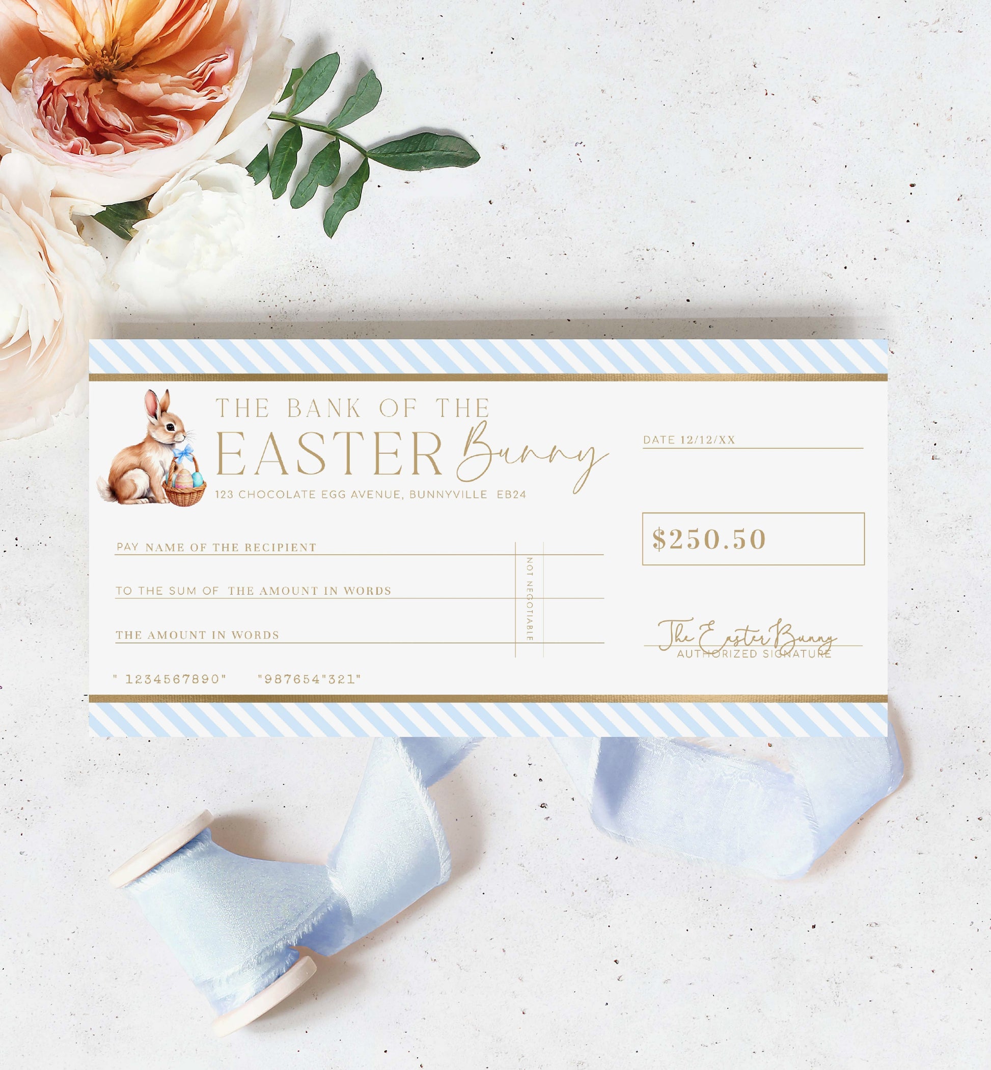Easter Cheque Template, Fake Bank Cheque Gift Voucher, Custom Printable Gift Certificate Easter Present, Easter Bunny Gift Coupon, Stripe