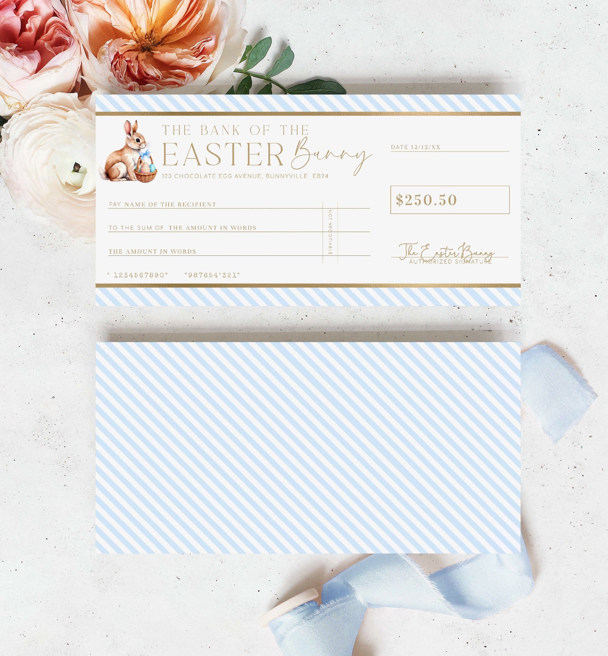 Easter Cheque Template, Fake Bank Cheque Gift Voucher, Custom Printable Gift Certificate Easter Present, Easter Bunny Gift Coupon, Stripe