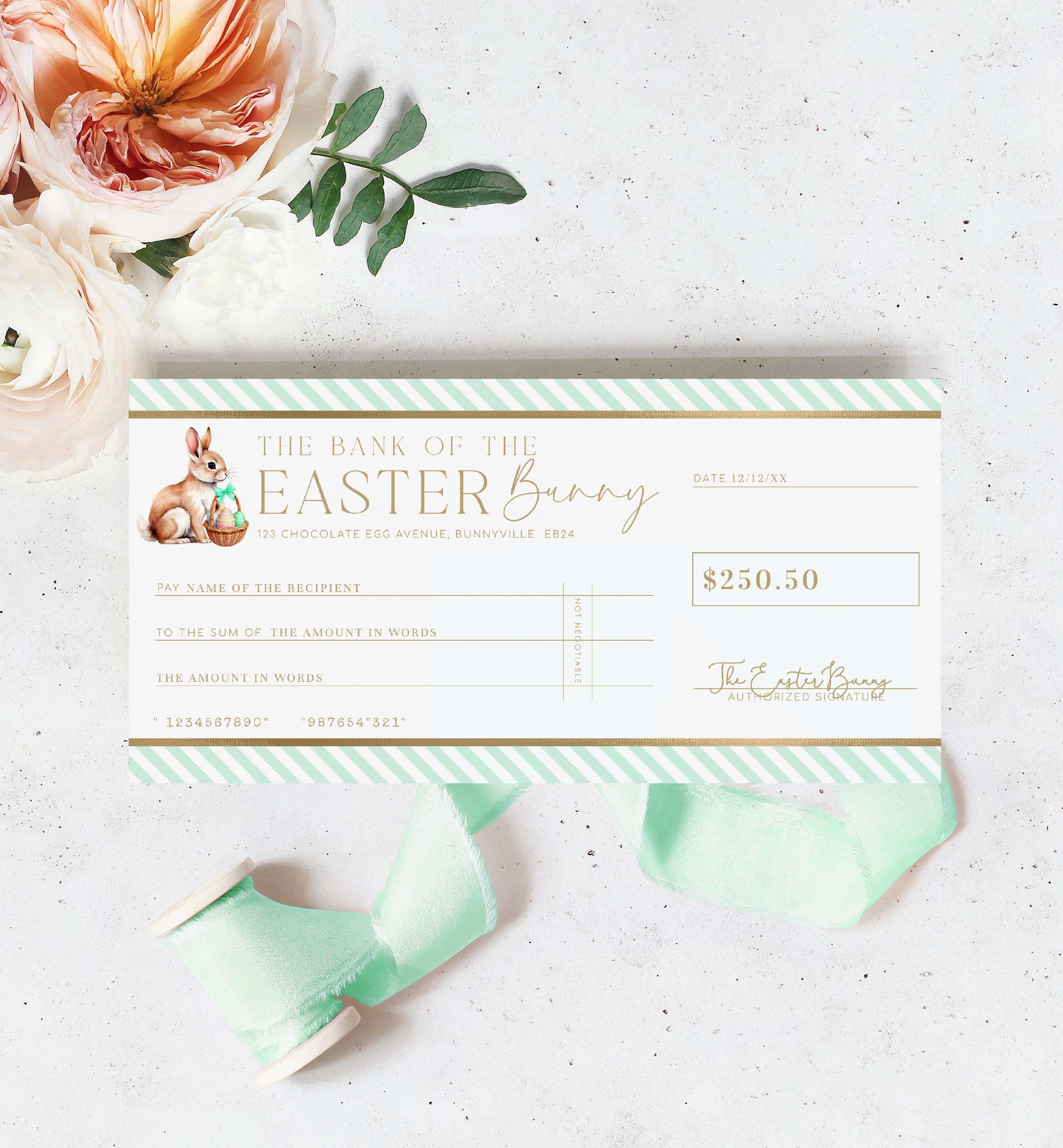 Easter Cheque Template, Fake Bank Cheque Gift Voucher, Custom Printable Gift Certificate Easter Present, Easter Bunny Gift Coupon, Stripe