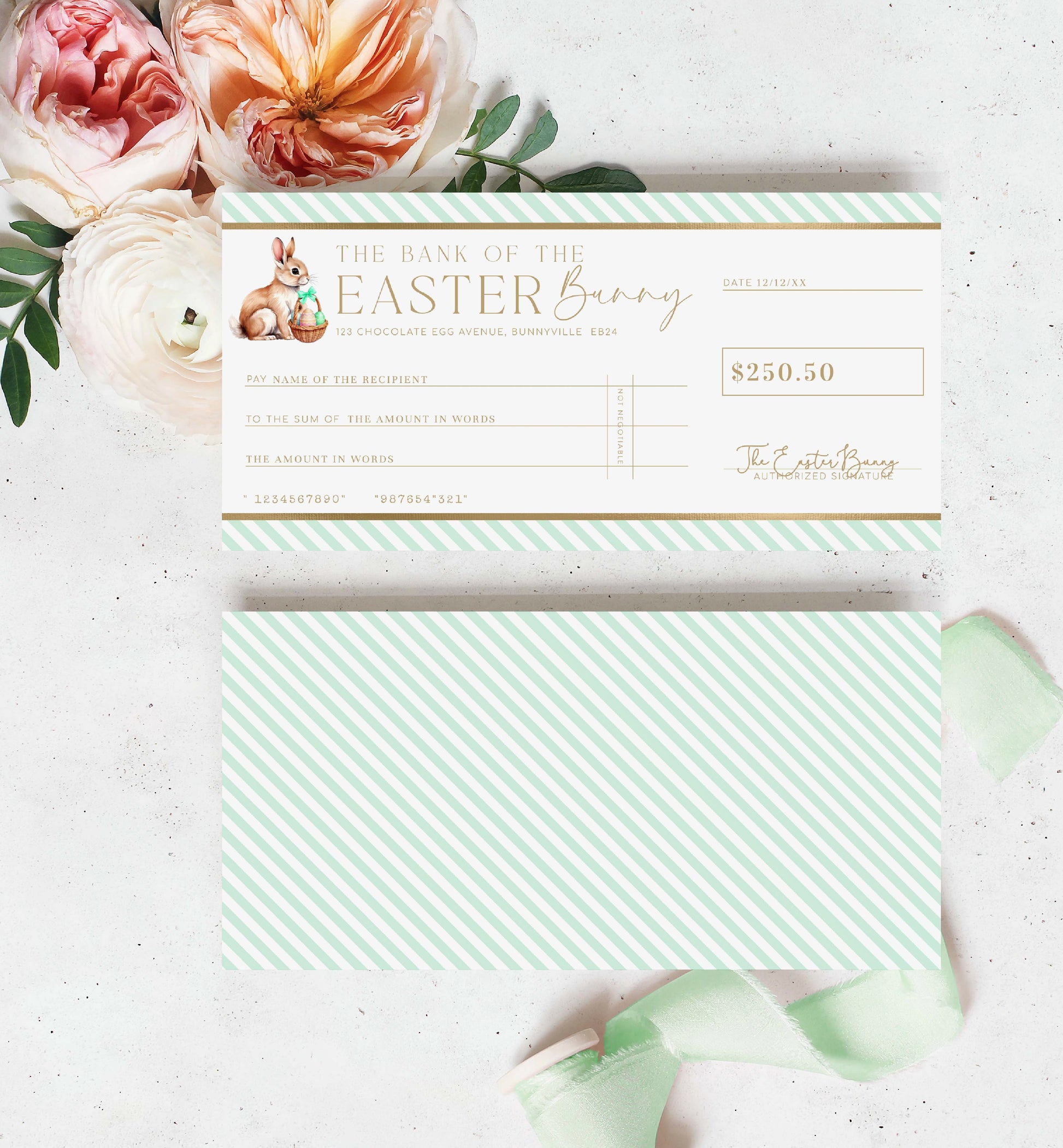 Easter Cheque Template, Fake Bank Cheque Gift Voucher, Custom Printable Gift Certificate Easter Present, Easter Bunny Gift Coupon, Stripe
