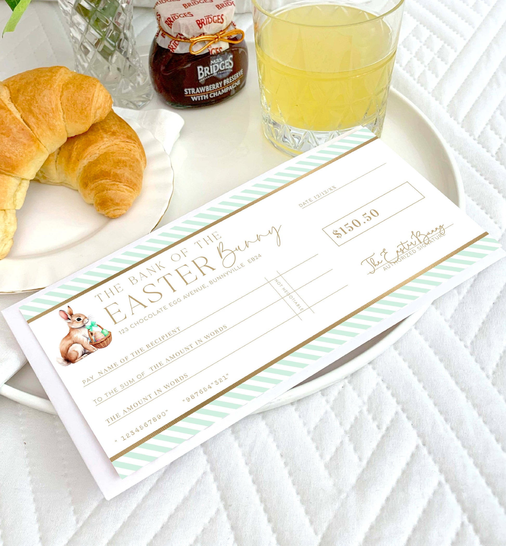 Easter Cheque Template, Fake Bank Cheque Gift Voucher, Custom Printable Gift Certificate Easter Present, Easter Bunny Gift Coupon, Stripe