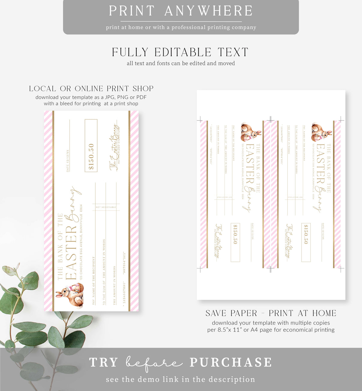Stripe Pink | Printable Easter Cheque Gift Voucher Template – Black Bow ...