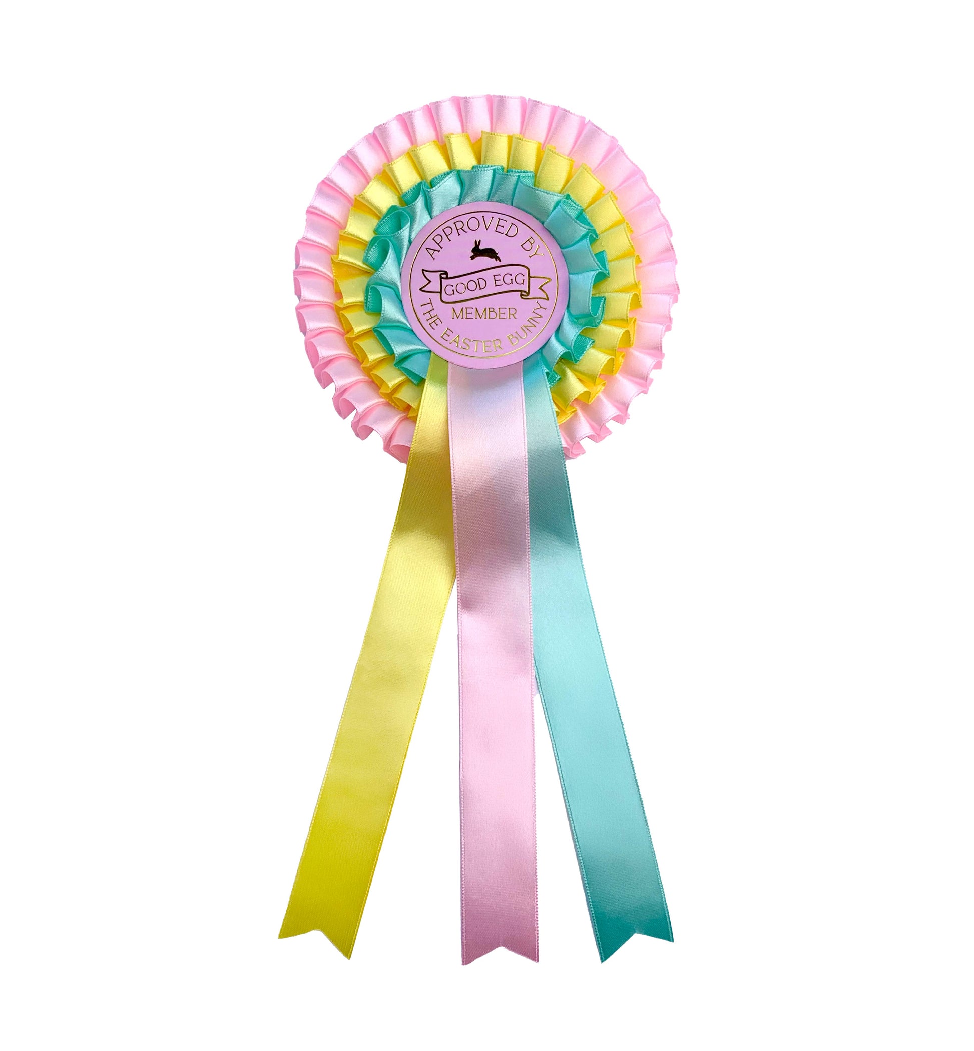 Pink, Yellow and Mint Green three tier satin ribbon easter good egg member rosette award Perfect for Easter Baskets