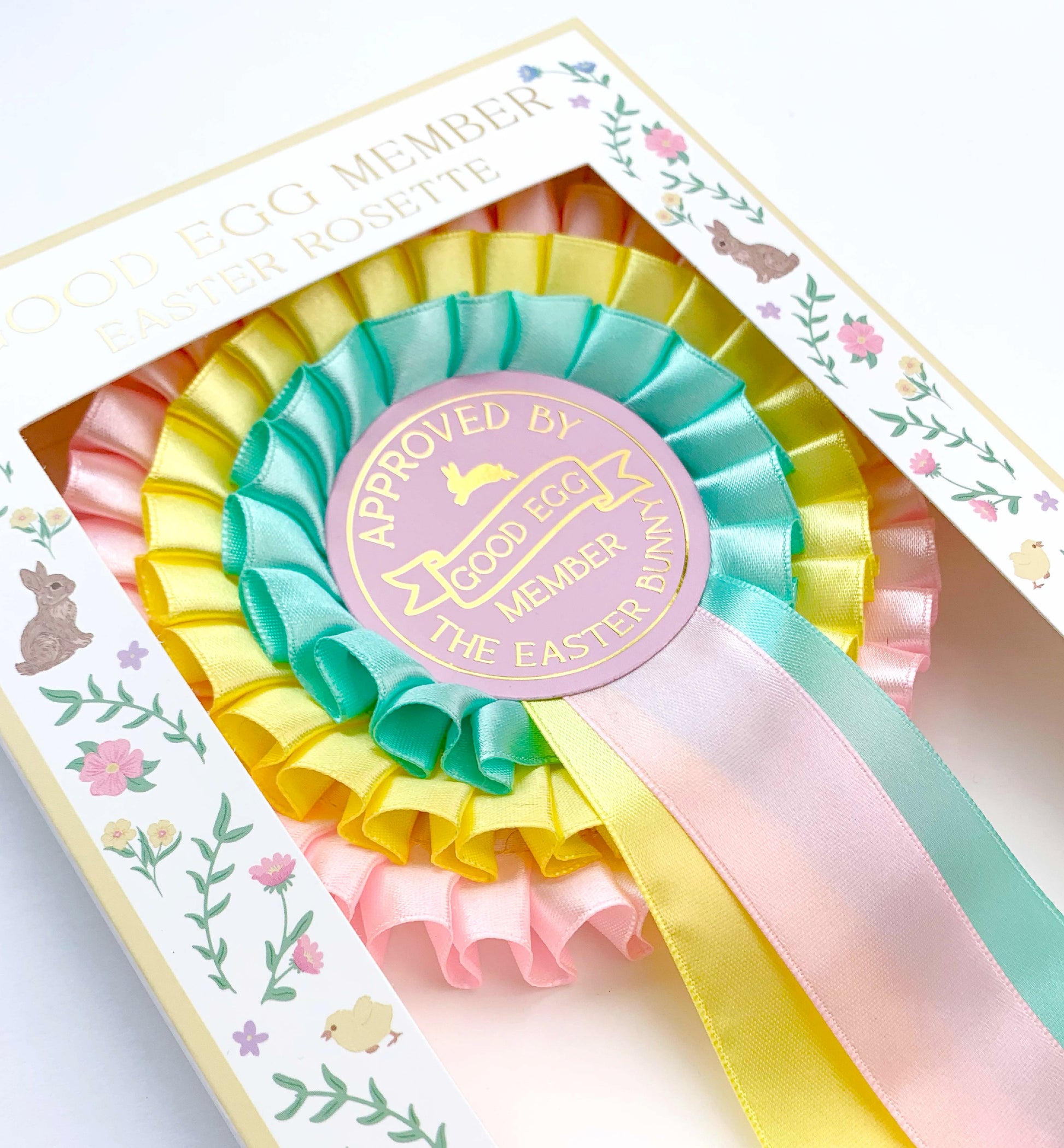 Pink, Yellow and Mint Green three tier satin ribbon easter good egg member rosette award Perfect for Easter Baskets