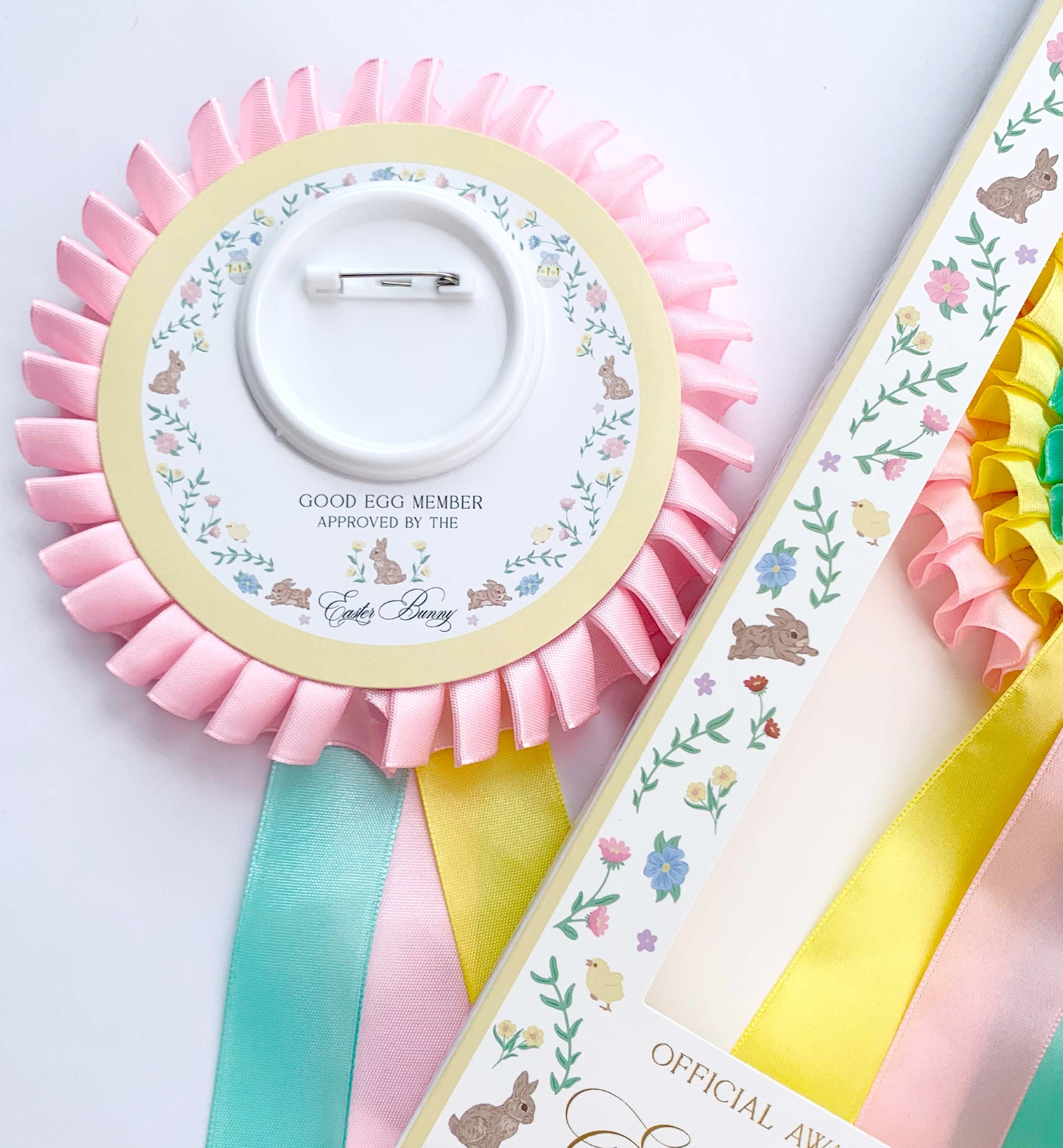 Pink, Yellow and Mint Green three tier satin ribbon easter good egg member rosette award Perfect for Easter Baskets