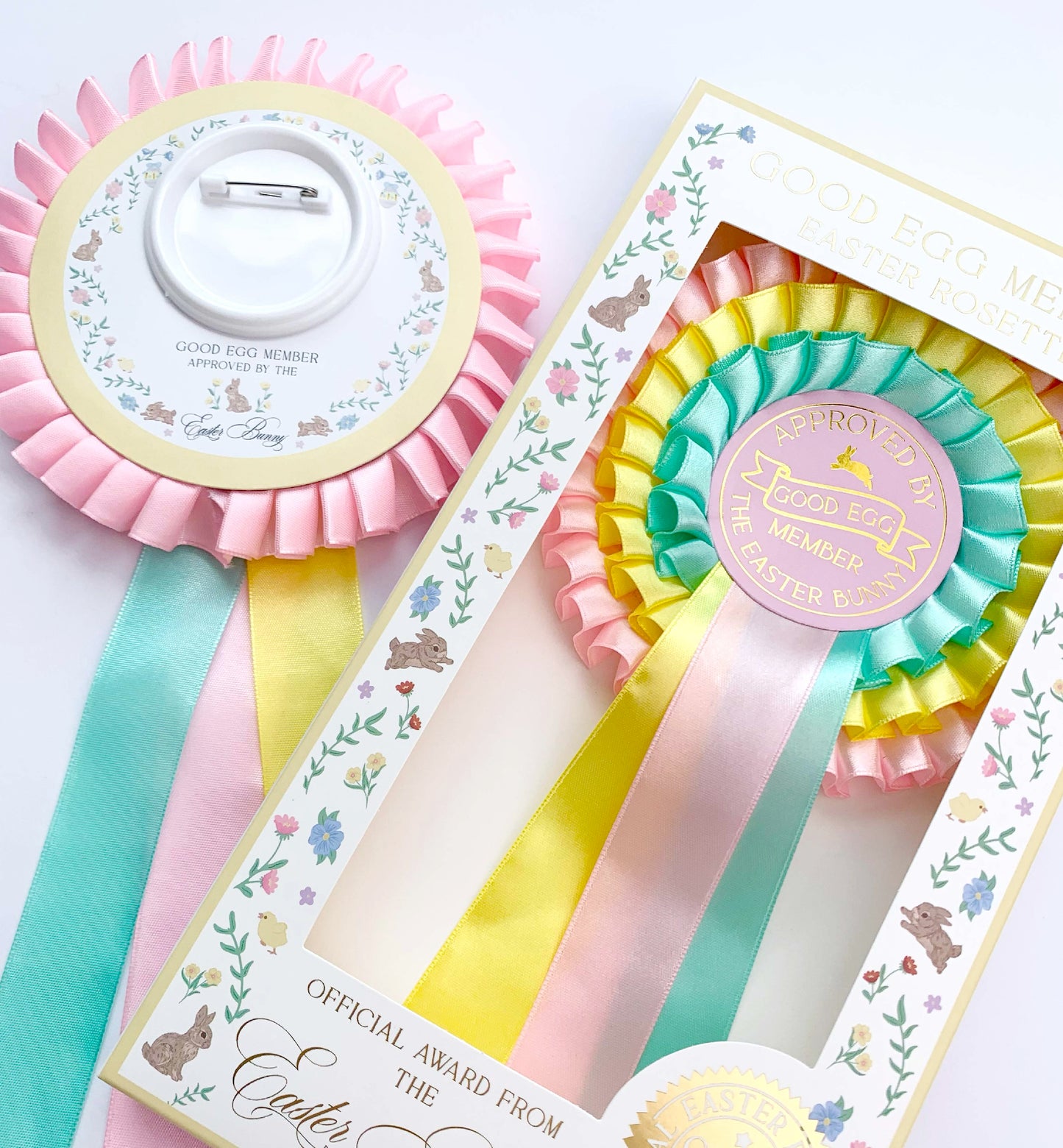 Pink, Yellow and Mint Green three tier satin ribbon easter good egg member rosette award Perfect for Easter Baskets